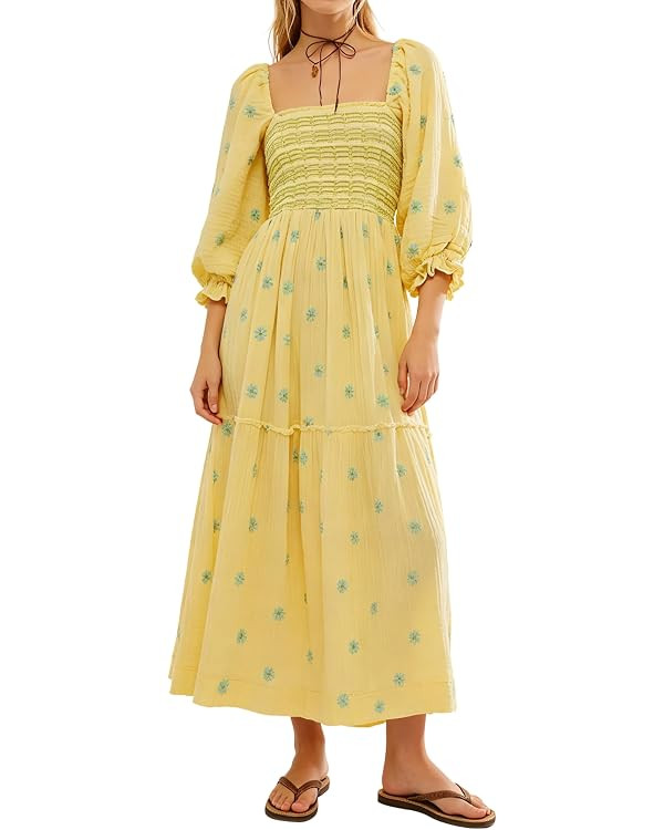 R.Vivimos Women's Long Sleeve Cotton Boho Midi Dress Vintage Square Neck Floral Embroidered Tiere... | Amazon (US)