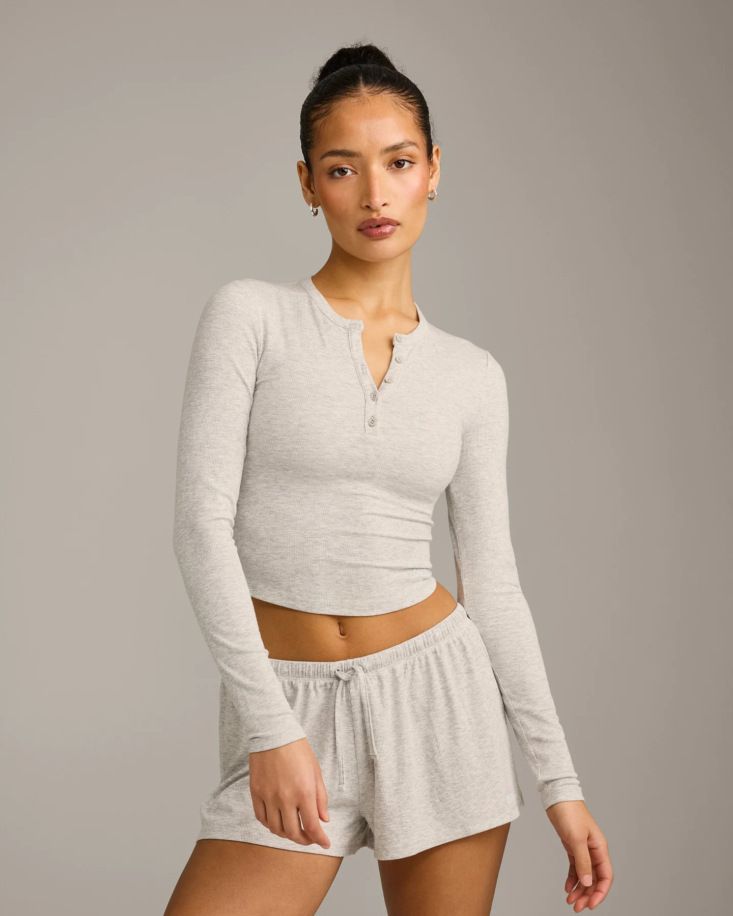 Oner At Home Night Button Down Long Sleeve Top 
 Oat Marl | Oner Active (UK / US)