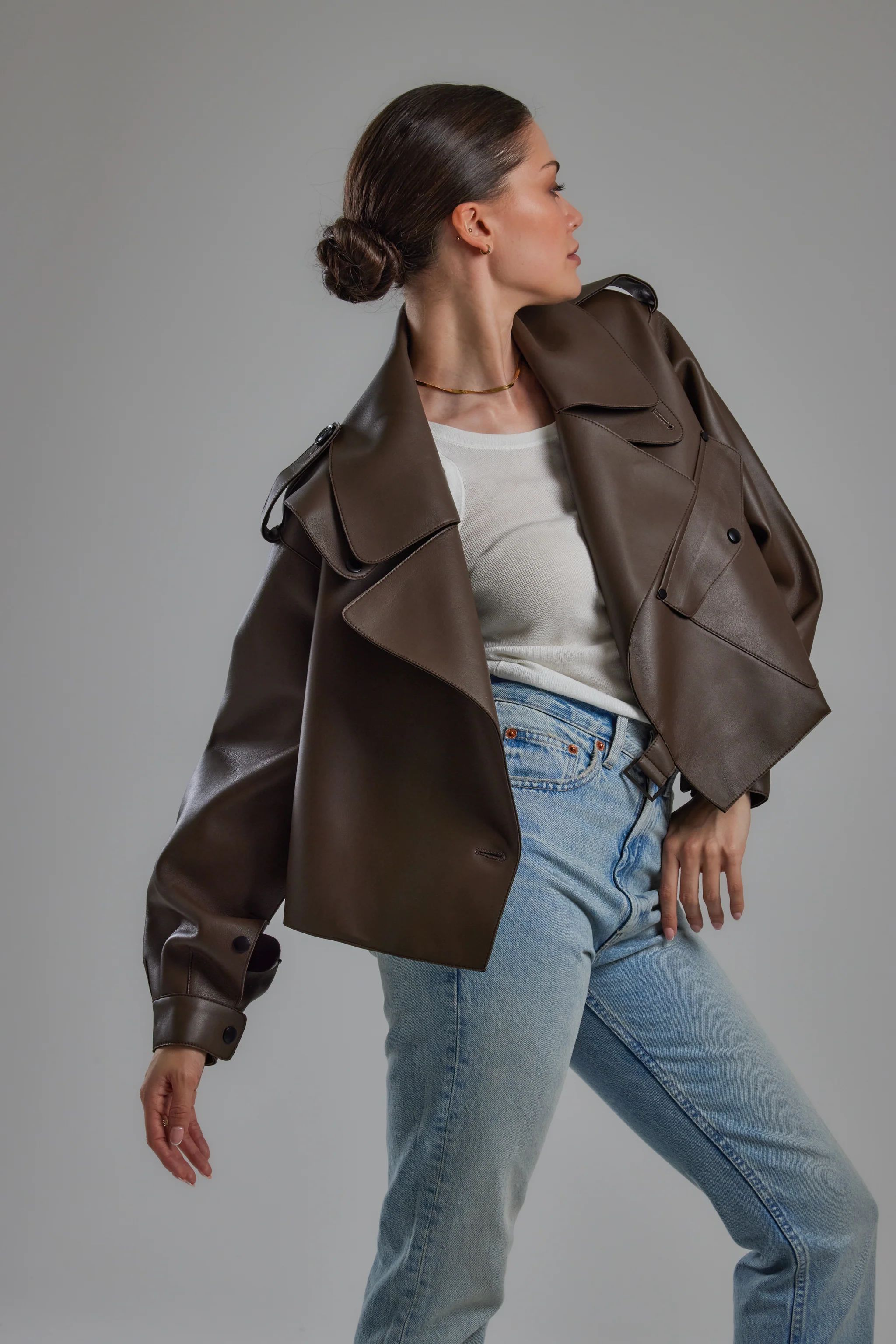 Chocolate Oversized Leather Jacket | Jane and Tash Bespoke