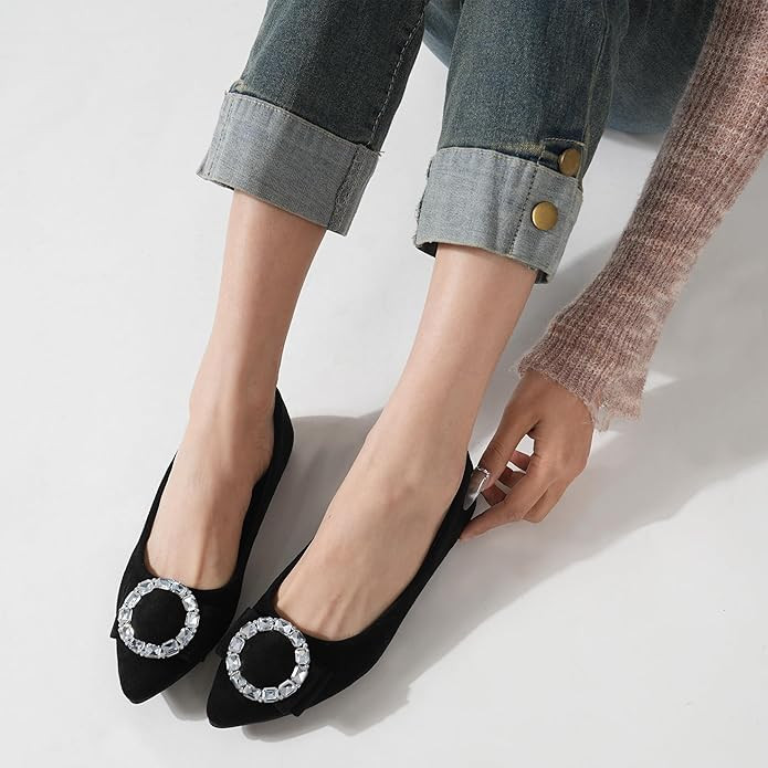 Flats Shoes Women Comfort Pointed Toe Suede Dress Shoes Cute Rhinestones Work Flat Shoe Slip On C... | Amazon (US)