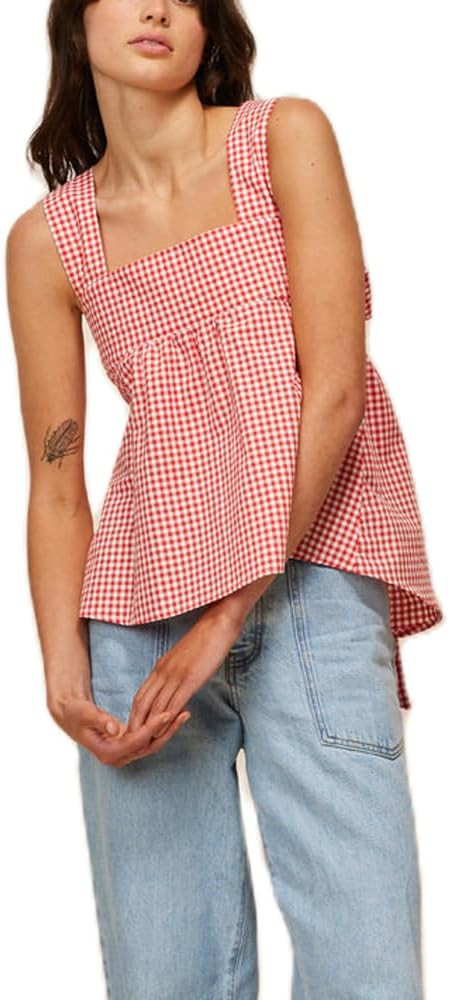 Women Y2k Going Out Tank Tops Gingham Square Neck Peplum Cami Tank Sleeveless Backless Shirt Bowt... | Amazon (US)