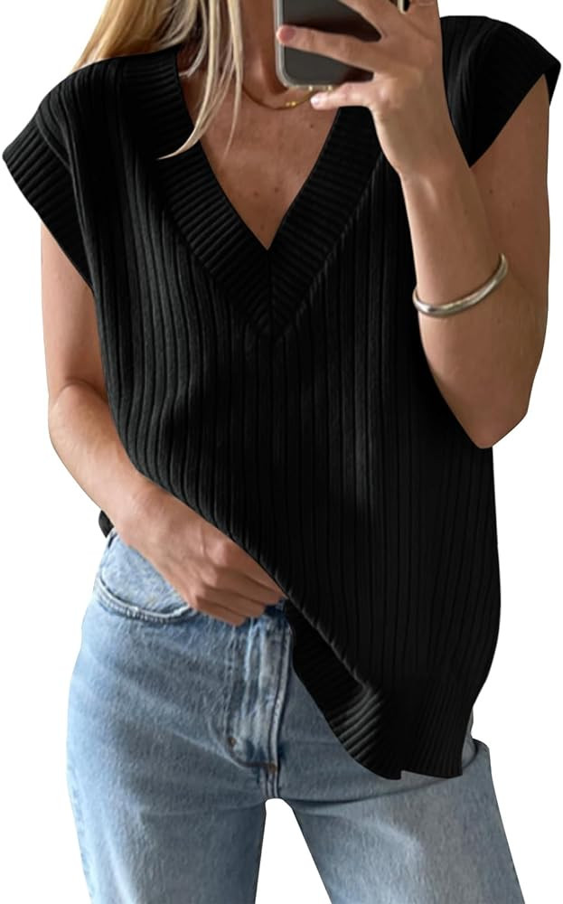 Saodimallsu V Neck Sweater Vest Ribbed Knit Tank Top | Amazon (US)