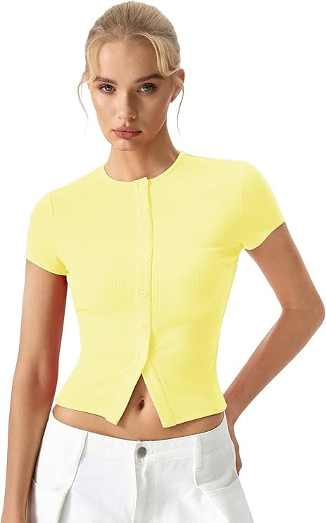 QINSEN Women's Crewneck Short Sleeve T Shirts Ribbed Button Going Out Trendy Tops | Amazon (US)