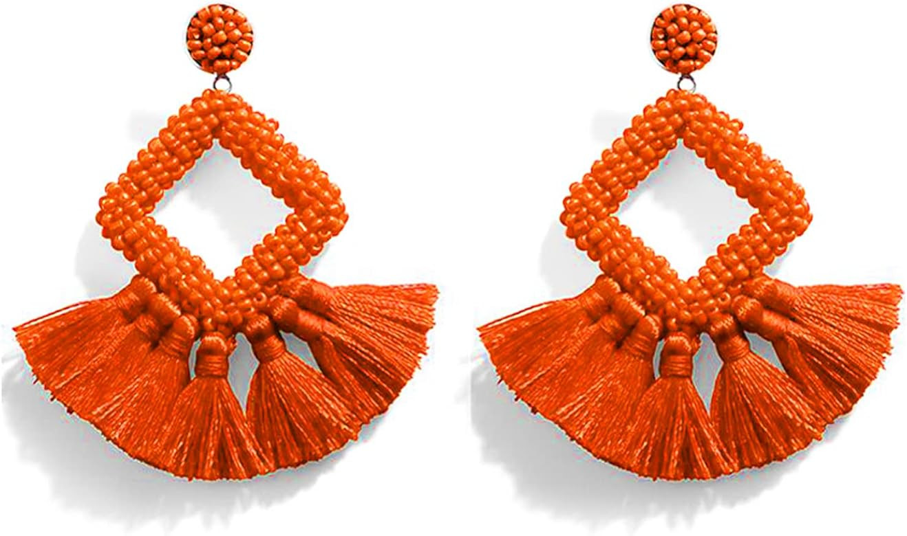 Women's Beaded Tassel Earrings Statement Fringe Drop Bohemian Chandelier Earrings Geometric Dangl... | Amazon (US)