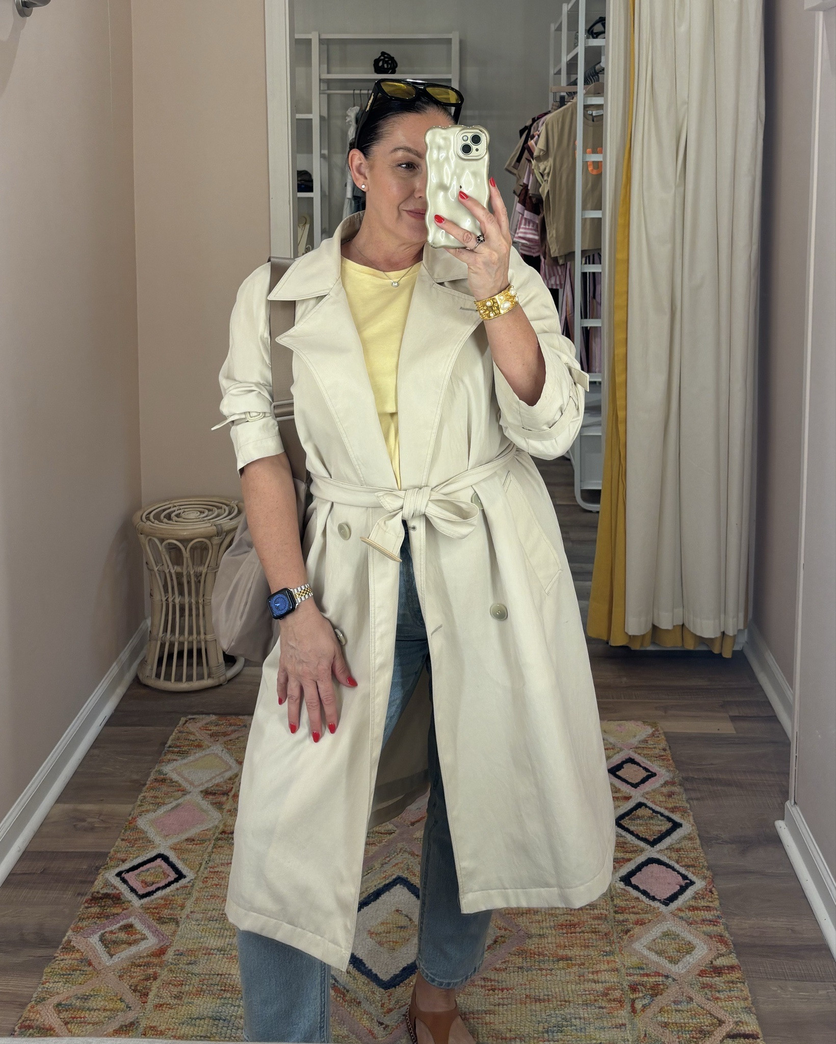 A lightweight trench for when the weather gets cool and a nice bright lemon yellow tee to greet the sunshine worn with THE comfiest sandals of the season! 

#trench #springstyle #sandals #yellow #bluejeans 

#LTKTravel #LTKSeasonal #LTKOver40