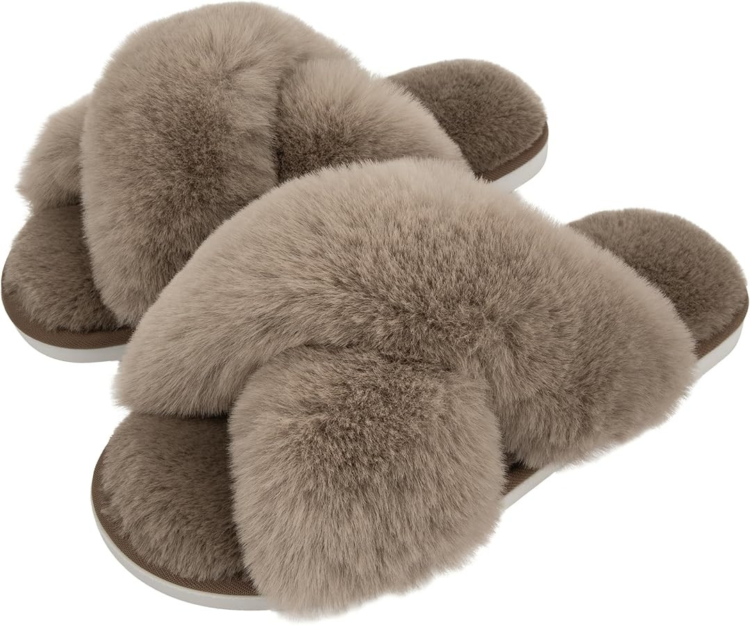 Metog Women's Fuzzy Cross Band Indoor/Outdoor Soft Open Toe Slippers | Amazon (US)