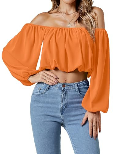 Umenlele Women's Off Shoulder Crop Top Long Sleeve Sexy Ruched Blouse Shirt Boho Outfits Dark Orange Large | Amazon (US)