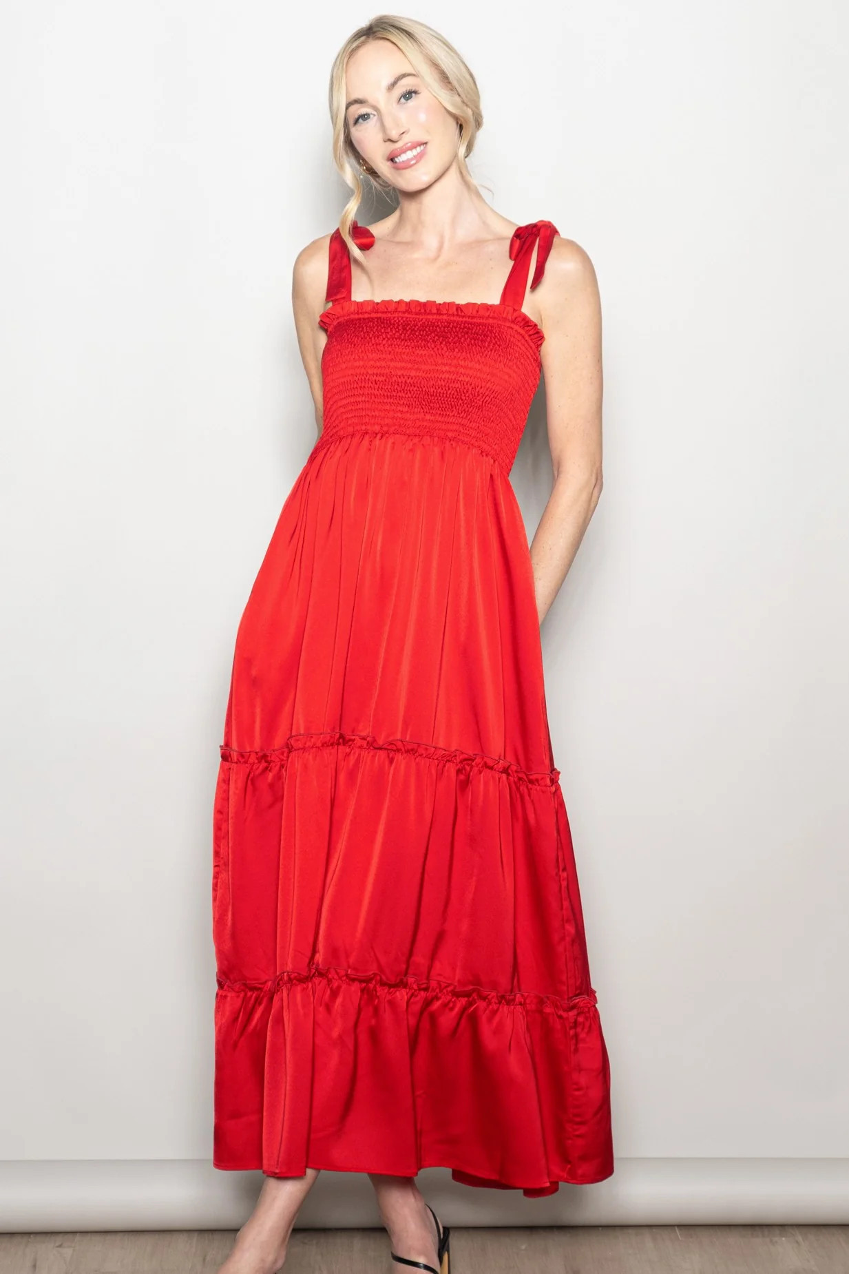 Red Satin Smocked Shoulder Tie Maxi Dress | PinkBlush Maternity