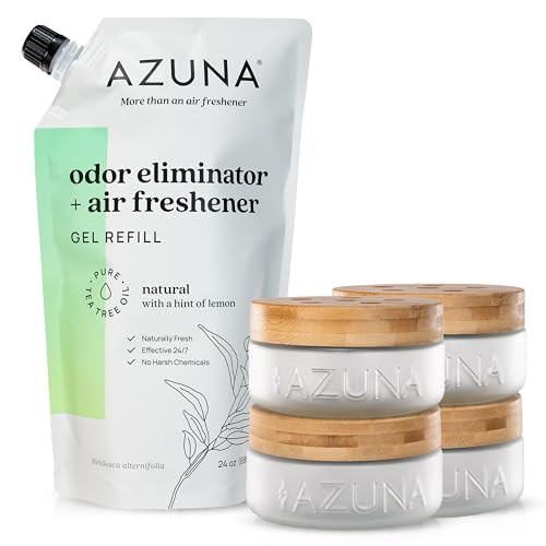 Azuna Air Freshener & Odor Eliminator for Strong Odor | 4 Room Kit Includes (4) 8 oz. Empty Luxe Glass Jars & 24oz Gel | Refill with Tea Tree Essential Oil | Natural Scent | Last 60-90 Days | Amazon (US)