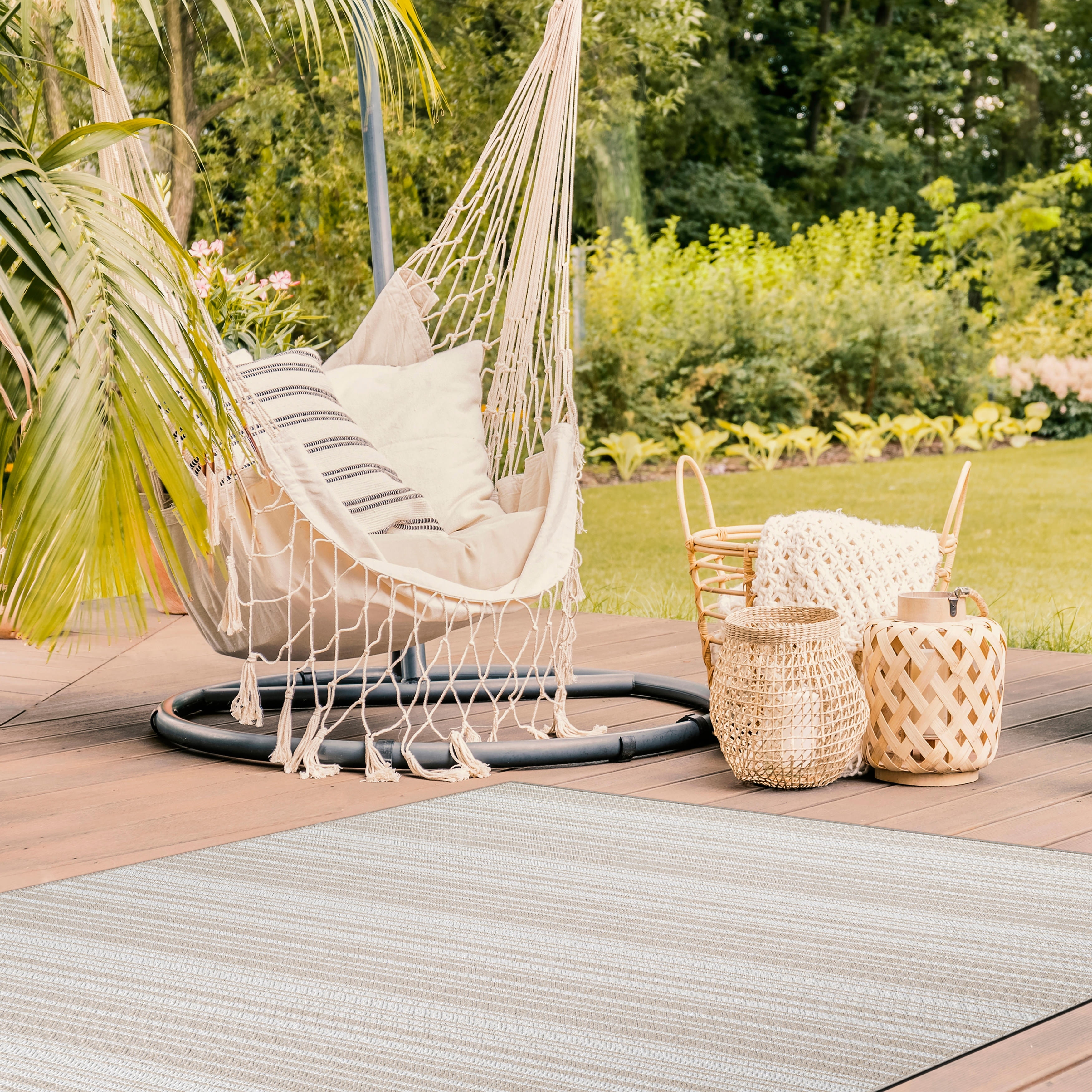 Beverly Rug Beige Striped Indoor Outdoor Rug, Outside Carpet for Patio, Deck, Porch | Bed Bath & Beyond