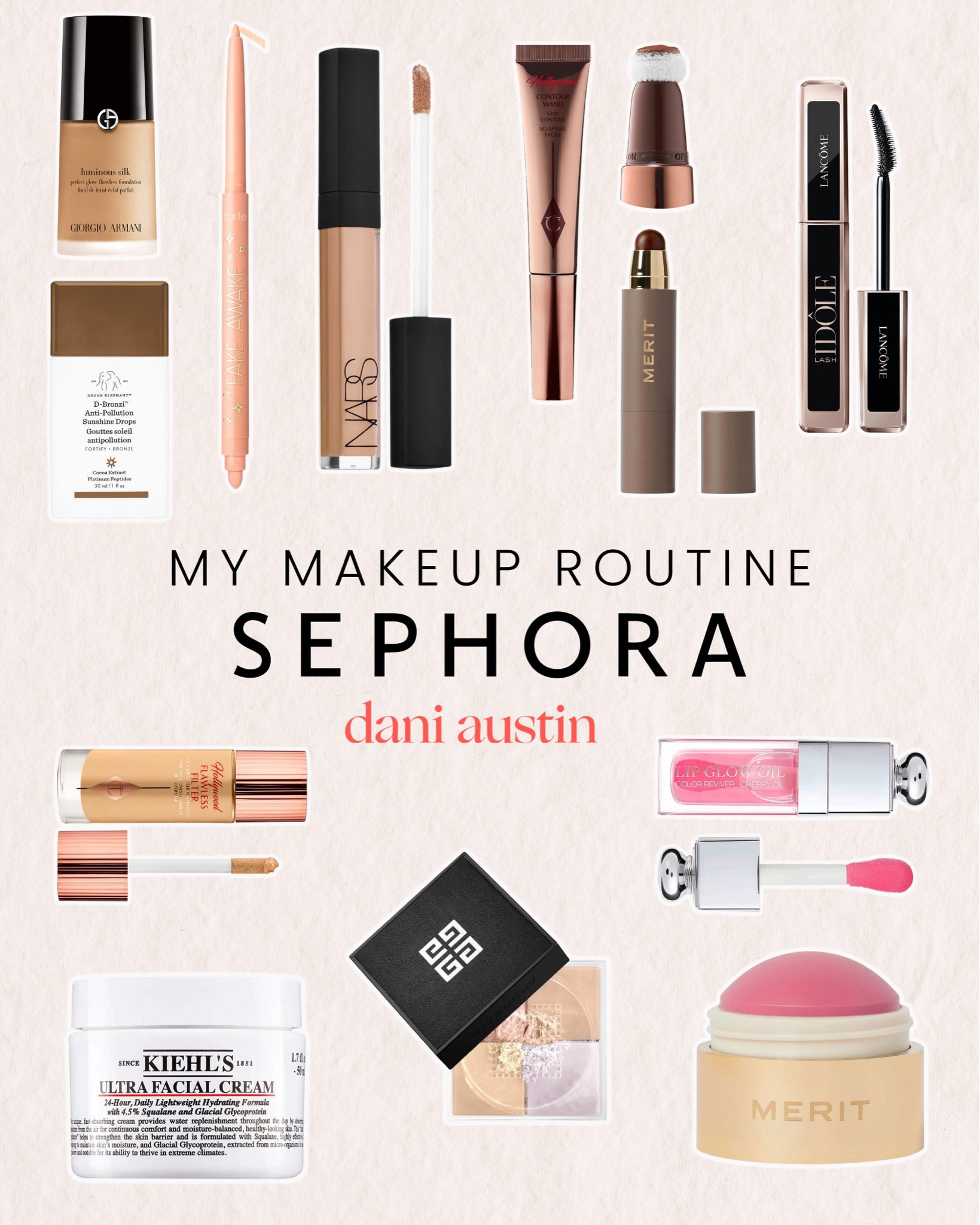 My current makeup routine and top products from the Sephora sale!

Foundation - Armani Luminous Silk
Bronzer - D-Bronzi and Charlotte Tilbury
Concealer - Merit Perfecting Stick and Nars Creamy Concealer
Primer - Charlotte Tilbury and Kiehl’s Facial Cream
Lip Gloss - Dior Lip Oil 
Blush - Merit
Setting Powder - Givenchy


#LTKunder50 #LTKsalealert #LTKbeauty