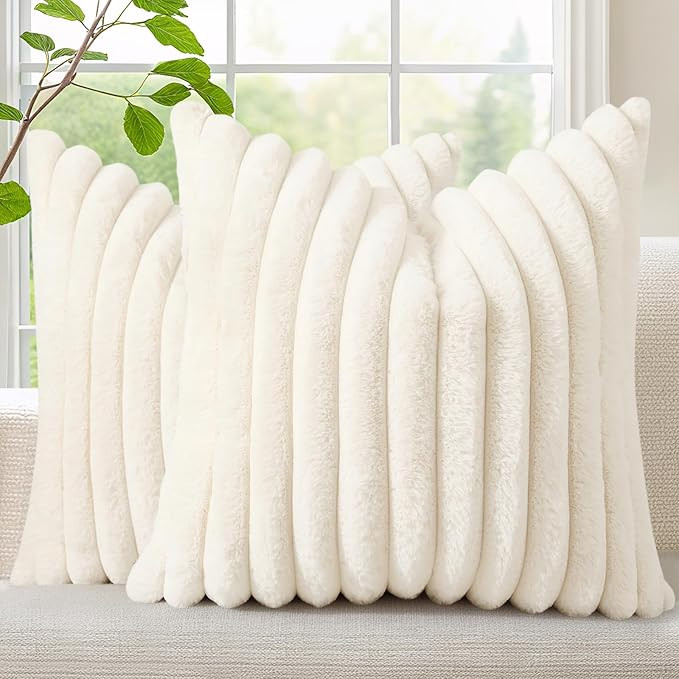 decorUhome Fall Cozy Faux Fur Throw Pillow Covers 18x18 Set of 2 Decorative Soft Plush Striped Mo... | Amazon (US)