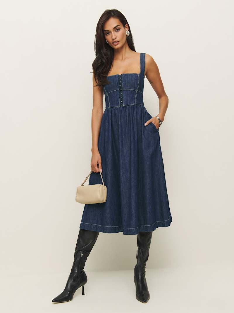 Tagliatelle Denim Midi Dress | Reformation (Global)