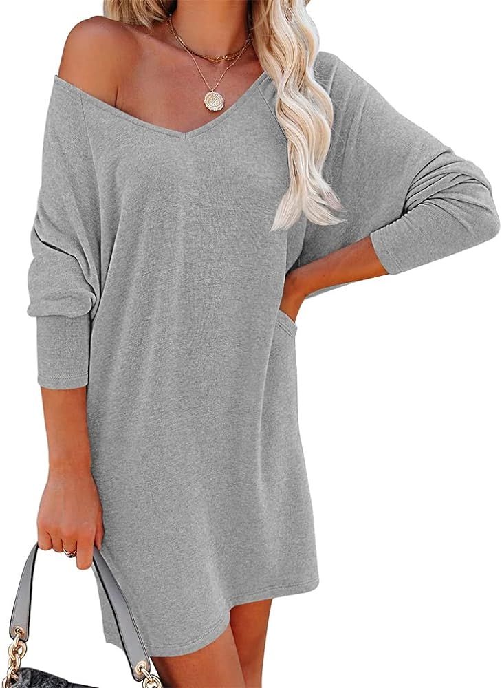 GOKATOSAU Women's Long Sleeve V Neck Batwing Loose Caual T Shirt Dresses with Pockets | Amazon (US)