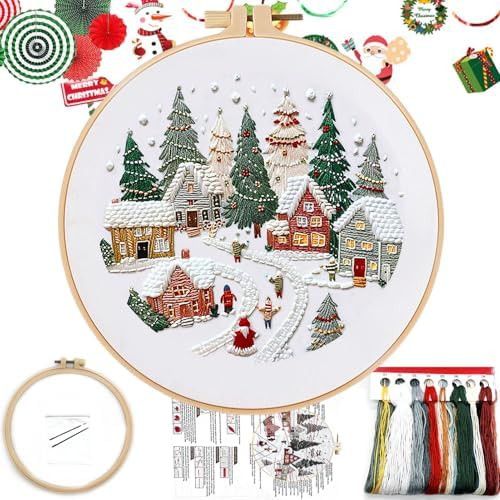FONNUY Crewel Christmas Embroidery Kit for Beginners, Cross Stitch Set Winter Snow Scene Pine Owl... | Amazon (US)