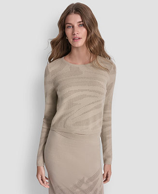 DKNY Jeans Women's Crewneck Zebra Pointelle Cropped Sweater - Macy's | Macy's