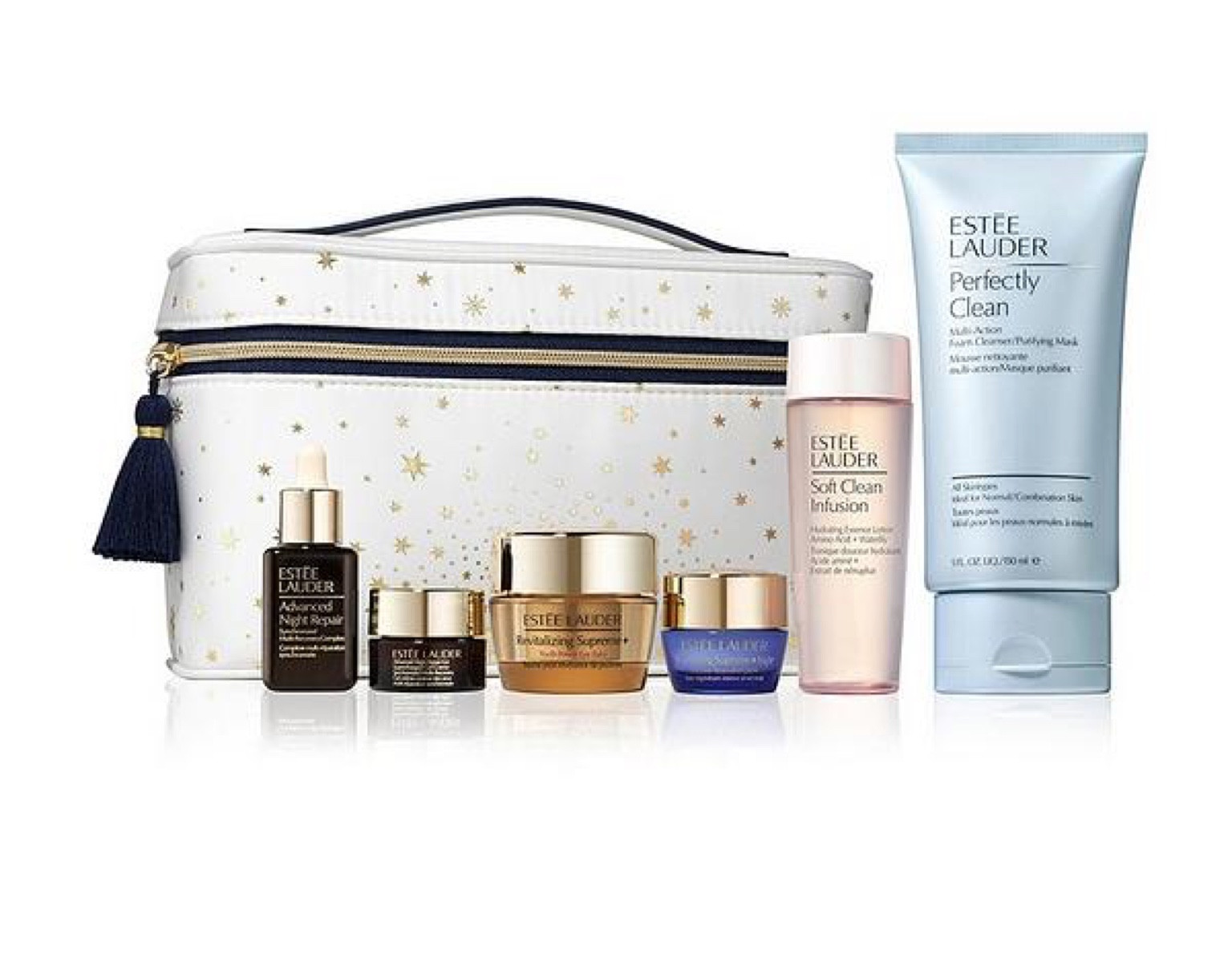 Estée Lauder Stella Skincare Gift Set 

This amazing set is worth £104 & includes a deluxe travel bag filled with:
- Advanced Night Repair Serum Synchronized Multi-Recovery Complex, deluxe travel size 15ml
- NEW Advanced Night Repair Eye Supercharged Gel-Creme Synchronized Multi-Recovery, deluxe travel size 5ml
- NEW Soft Clean Infusion Hydrating Essence Lotion Amino Acid + Waterlily, deluxe travel size 50ml
- Perfectly Clean Multi-Action Foam Cleanser/Purifying Mask, full-size 150ml
- Revitalizing Supreme+Youth Power Creme, deluxe travel size 15ml
- Revitalizing Supreme+Night Intensive Restorative Creme, deluxe travel size 7ml
- Travel Bag with fabric made with 100% recycled content. 

#LTKbeauty #LTKGiftGuide #LTKtravel