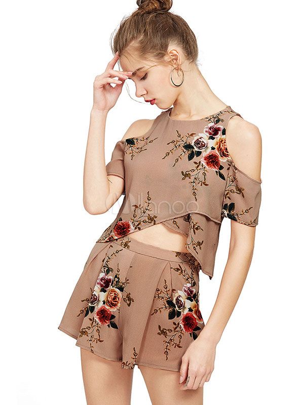 Two Piece Outfits Women Cold Shoulder Cut Out Short Sleeve Floral Print Chiffon Summer Top With Shorts | Milanoo
