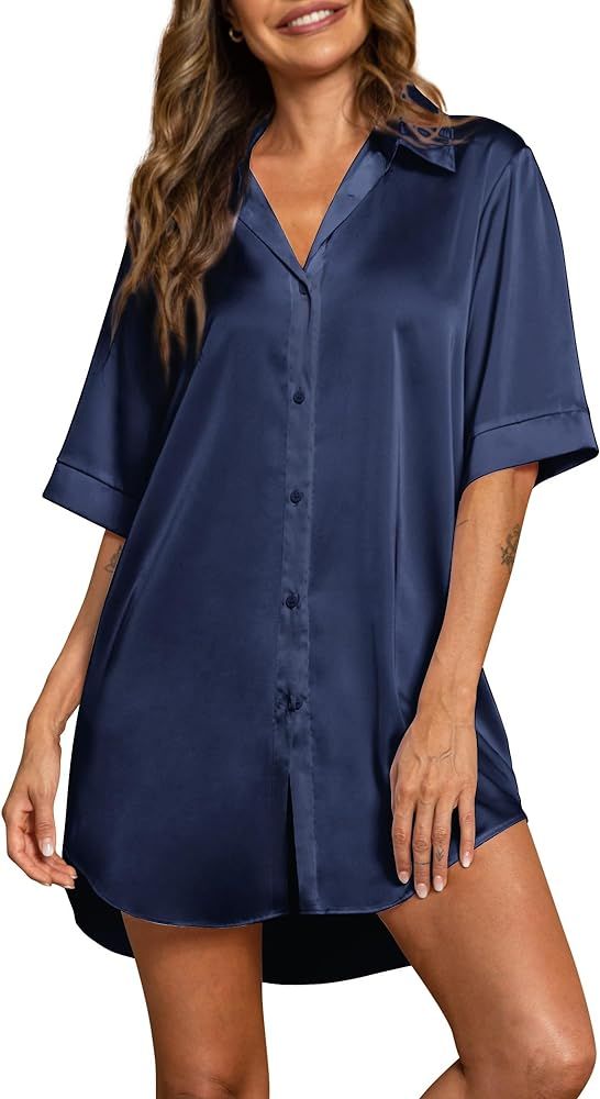 POKWAI Womens Nightgown Satin Button Down 3/4 Sleeve Sleepshirt Boyfriend Notch Collar Nightshirt... | Amazon (US)