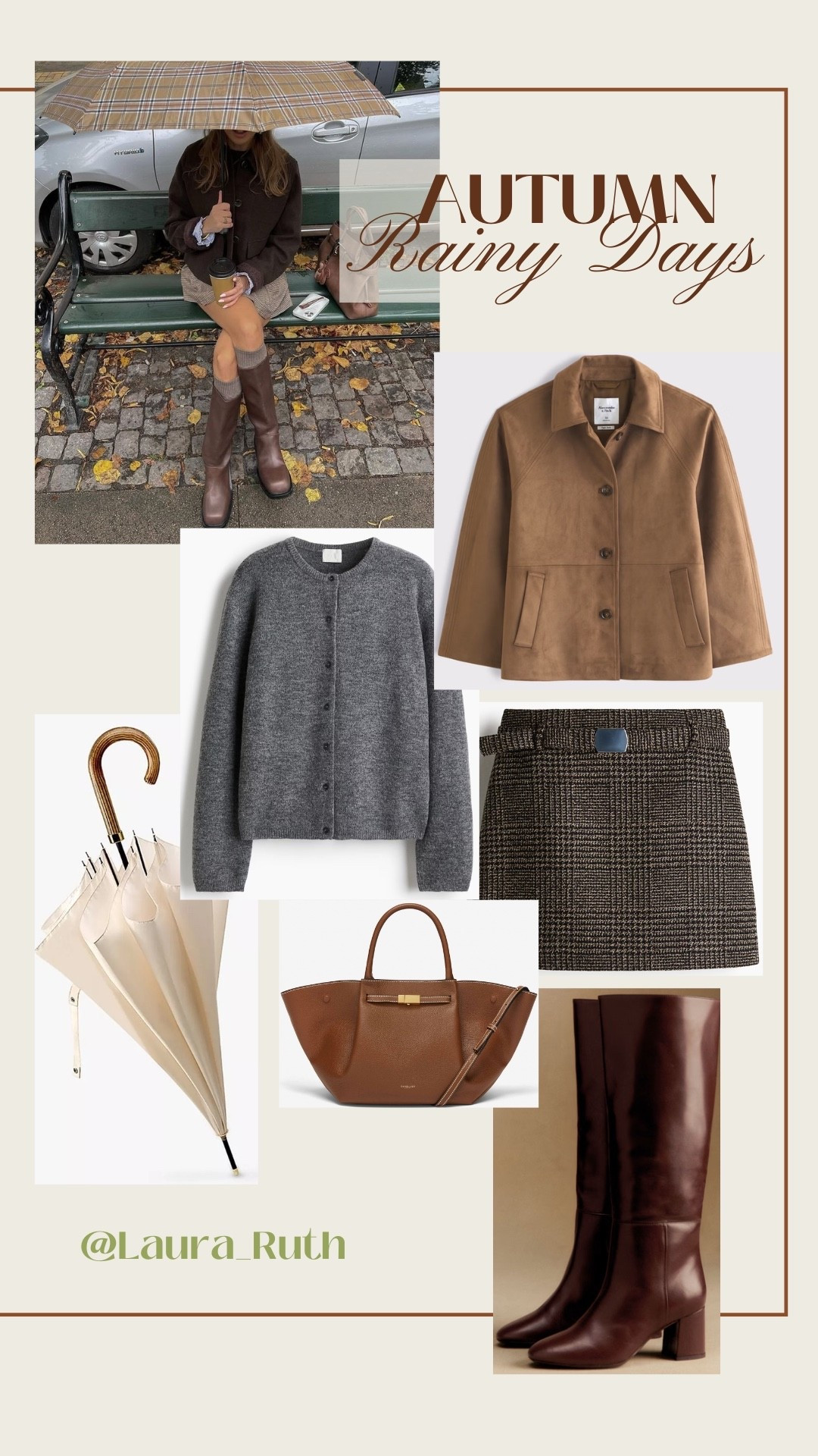 Autumn rainy days call for cozy layers and timeless neutrals.🍂🌂 This look blends structure and softness, a suede jacket, plaid mini, and tall leather boots for effortless sophistication on grey days.
Neutral tones, classic textures, and polished accessories make this an easy go-to outfit for coffee runs, city walks, or weekend plans.
Shop each piece directly below to recreate the full look. 🍂

- Brown Suede Jacket: soft tan finish and cropped cut for a polished autumn layer.
- Wool Cardigan: cosy, versatile, and ideal for layering.
- Plaid Mini Skirt: timeless pattern with modern structure.
- Leather Knee High Boots: rich brown tone, weather-ready and sleek.
- Structured Tote: refined and practical, perfect for everyday use.
- Neutral Umbrella: completes the look with a subtle coordinated touch. #LTKAutumn autumn outfits 


#LTKStyleTip #LTKSeasonal #LTKOver40