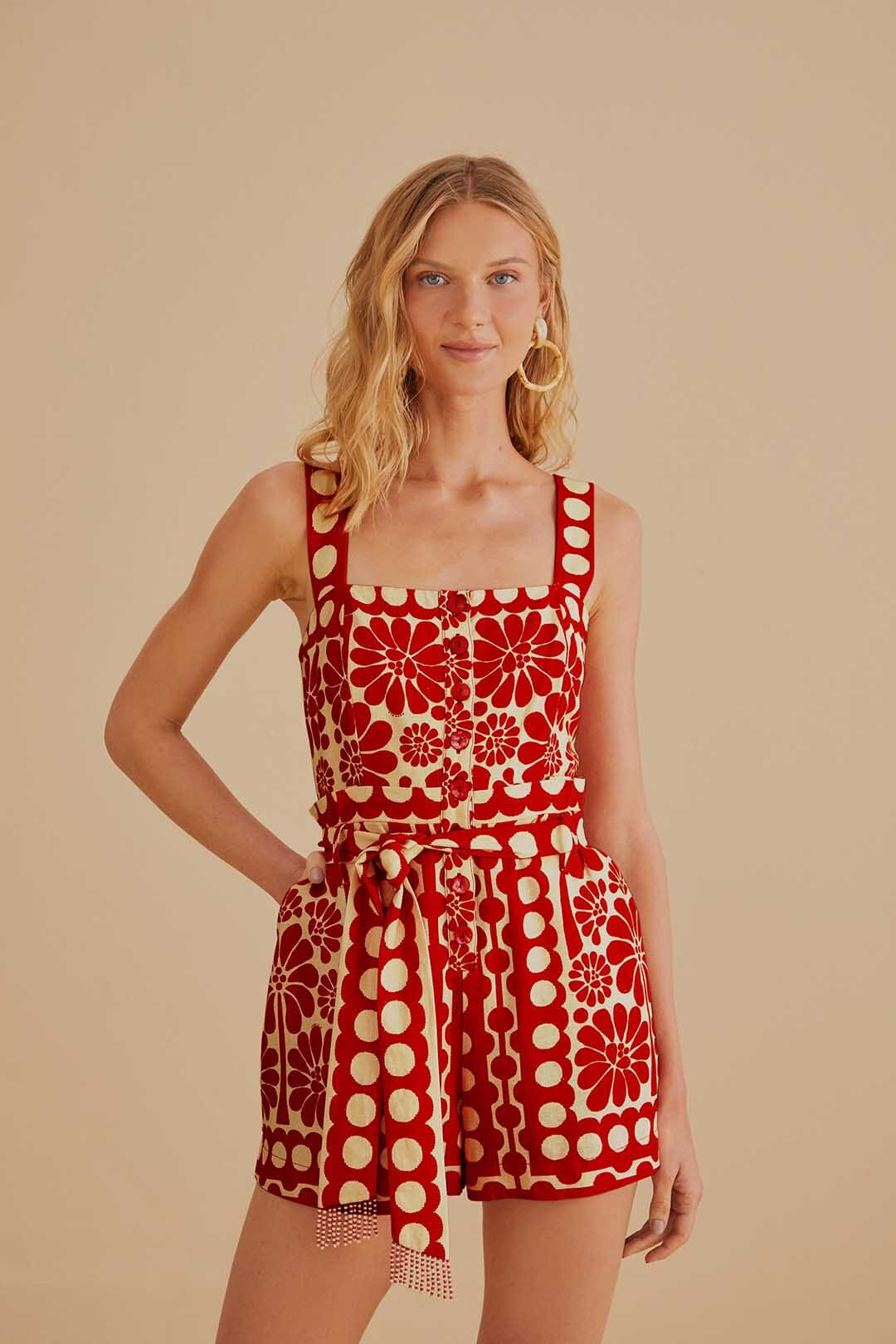 Red Palermo Sleeveless Romper | FarmRio (US)