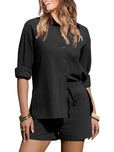 EXLURA Women's Cotton Summer 2 Piece Sets Long Sleeve Button Down Shirts Matching Short Sets Beach Vacation Cruise Outfits | Amazon (US)