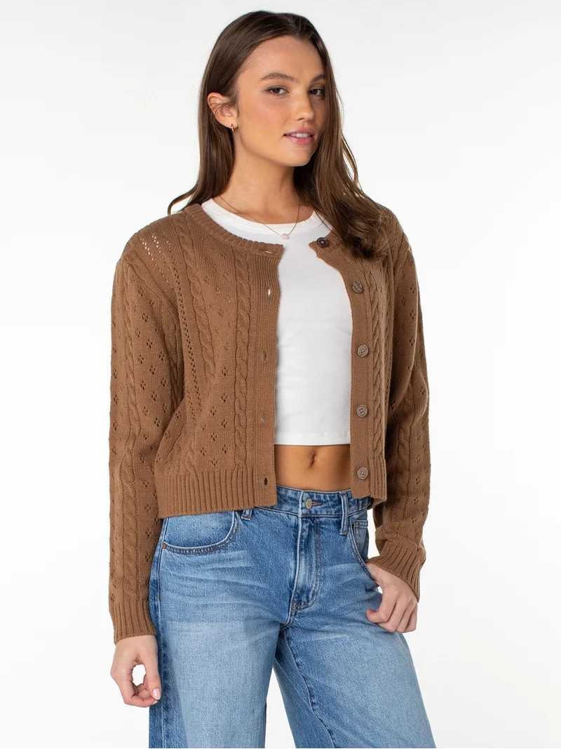 Celebrity Pink Women's Pointelle Crew Neck Cardigan Sweater, Sizes XS-XXXL | Walmart (US)