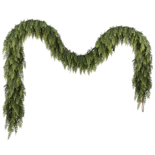 N&T NIETING 9ft Christmas Cedar Garland with Realistic Soft Thickness Pine, Artificial Green Faux Cedar Pine Garland for Fireplace Mantle Fireplace Indoor Outdoor Holiday Party Home Decoration | Amazon (US)