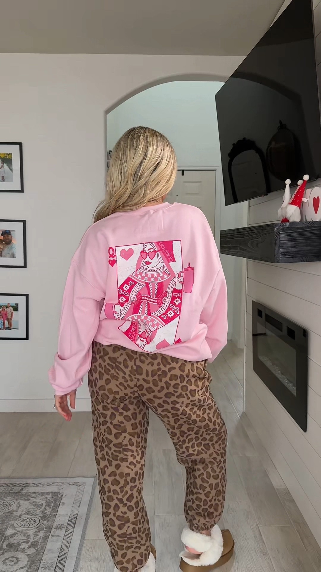 Comfy cute Valentine’s Day outfit
Queen of hearts sweater large 
Leopard sweatpants kids xl
Platform slippers 