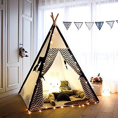 TreeBud Kids Teepee Play Tent Cotton Canvas Child Indian Teepee Tent with White and Black Stripe ... | Amazon (US)