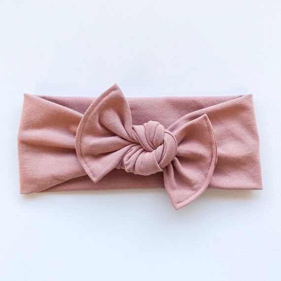 Dusty Rose: Flat Bow headband - pink newborn head wrap, solid mauve bow, solid pink baby headband... | Etsy (US)
