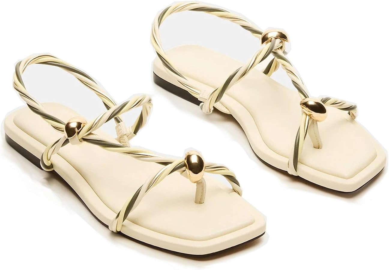 ZJGZF Strappy Flat Sandals for Women Thong Flip Flops Sandals Elastic Rope Open Toe Casual Slip O... | Amazon (US)