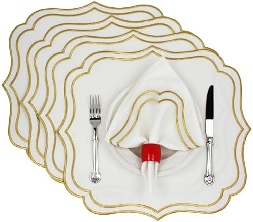 Cotton Linen Placemats Set of 4 - Double Layered, Machine Washable, Wrinkle Resistance, Scalloped... | Amazon (US)