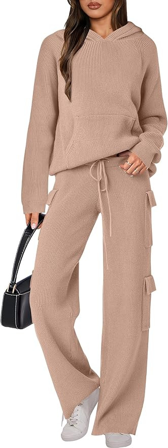 ANRABESS Women’s Two Piece Outfits Casual Knit Hooded Sweater Straight Leg Pants Set 2024 Fall ... | Amazon (US)