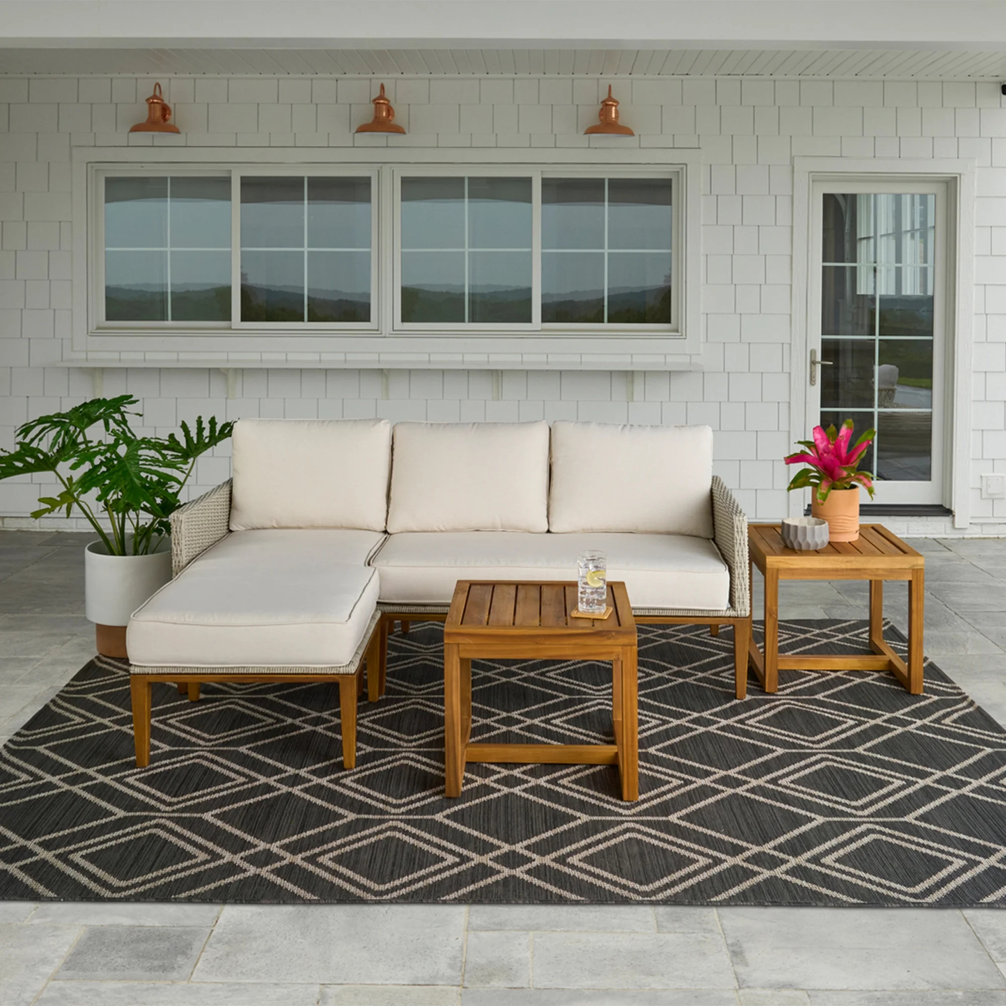 Better Homes & Gardens Outdoor Davenport 5pcs Sofa Lounger with Two Acacia Wood Table with Cushio... | Walmart (US)