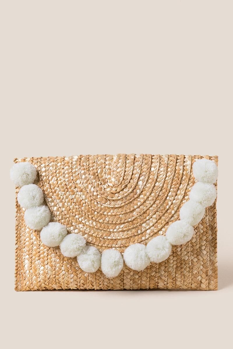 Rylee Straw Pom Clutch | Francesca’s Collections