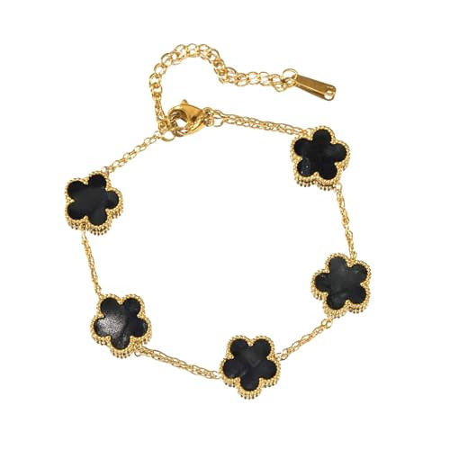LUVA Gold Clover Bracelet for Women -18K Gold Plated Four Leaf Clover Gemstone Bracelet - Lucky Charm Jewelry - Colorful Flower Bracelets - Adjustable Waterproof Gift (Black) | Amazon (US)