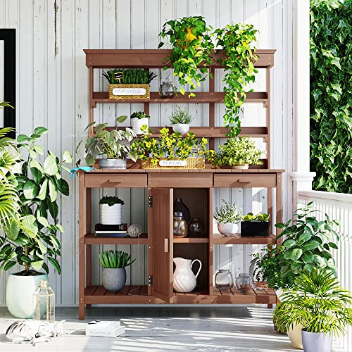66" H Outdoor Farmhouse Wooden Garden Potting Bench Table with 2 Drawers and 1 Cabinet, Brown Patio Workstation with Open Shelves for Horticulture or Backyard | Amazon (US)