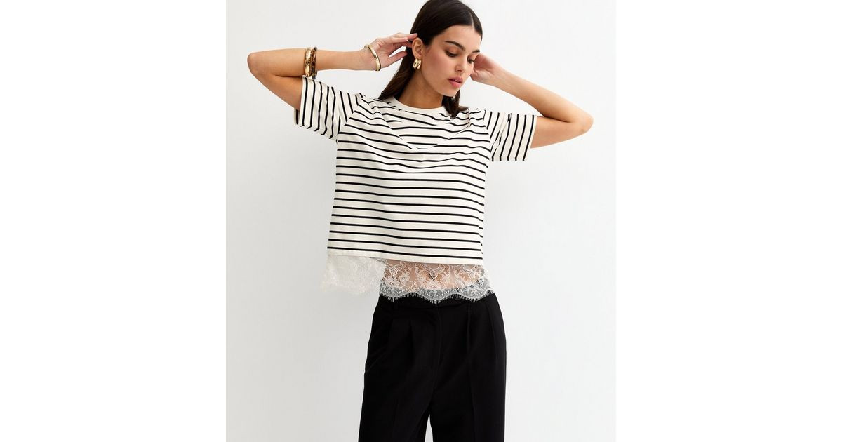 White Striped Lace Hem Boxy T-Shirt | New Look | New Look (UK)