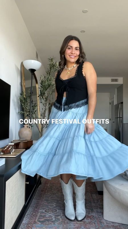 Country festival outfit ideas!! 🤠 🎶 absolutely love how cowboy boots make all of these outfits look so much more fun. There is a little something for everyone in this mix - I love a long dress for the girly girl, love the T-shirt option for being more casual, and love the midi skirts for the boho lovers!!

Some pieces are sold out so I linked as many similar as I could :) 

Sizing: 

Outfit 1) skirt - size down (S), top - true to size (M)

Outfit 2) overall dress - size down (S)

Outfit 3) skort - true size (M or 8), tank + lace top - true size (M)

Outfit 4) midi dress - I sized up once so it was less skin tight to an L 

#LTKFestival #LTKVideo #LTKfindsunder50