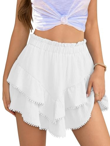 Flowy Shorts for Women Casual Boho Skorts Floral Ruffle Tiered High Waist Flared Mini Skirts Tennis Golf Shorts White, Large | Amazon (US)