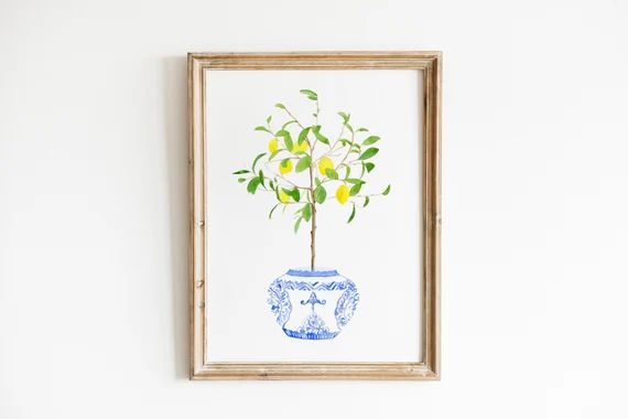 Watercolor Lemon Chinoiserie Print, Blue and White print, lemon watercolor decor, Blue White Chin... | Etsy (US)