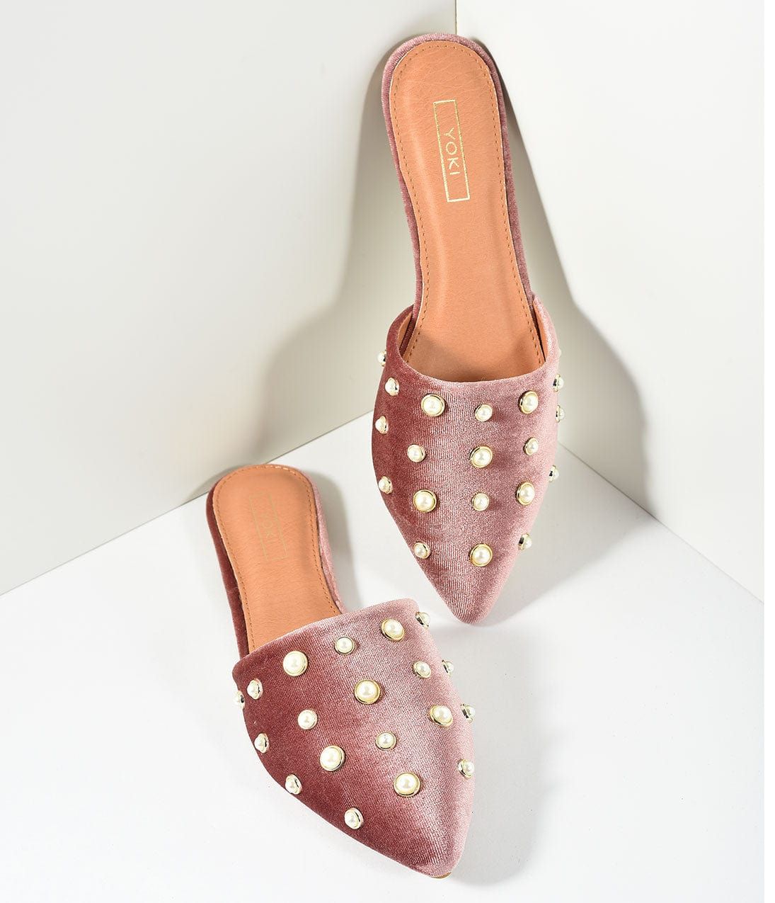 Blush Pink Velvet & Ivory Pearls Mule Slide Flats | UniqueVintage