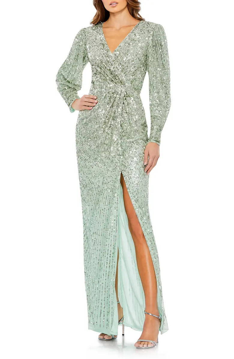 Sequin Wrap Bodice Long Sleeve Gown | Nordstrom