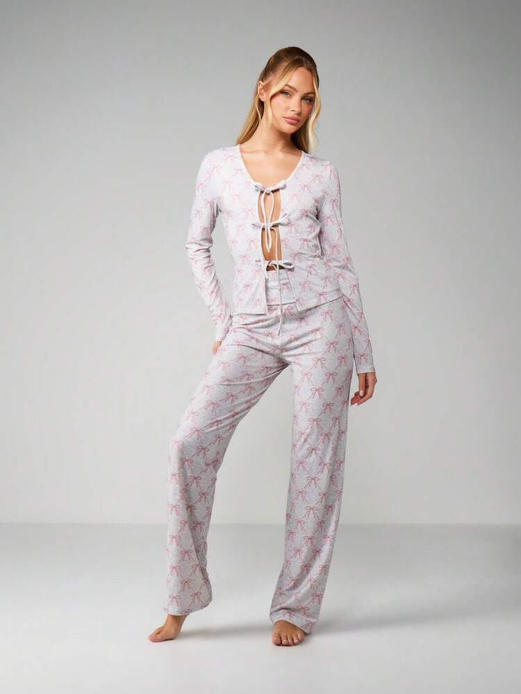 MISSGUIDED Bow Print Tie Front Lounge Set For Women - Comfortable Pajama Sleepwear Matching Outfit | SHEIN