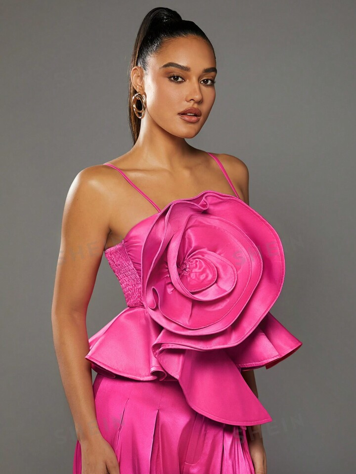 SHEIN BAE Summer Prom Floral Pleated Rose Red Satin Camisole Sleeveless Ruffled Women's Top | SHEIN
