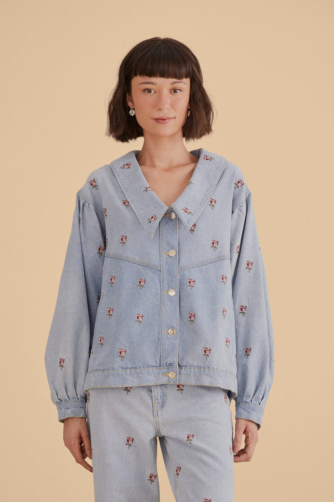 Rose Embroidered Denim Jacket | FarmRio (US)