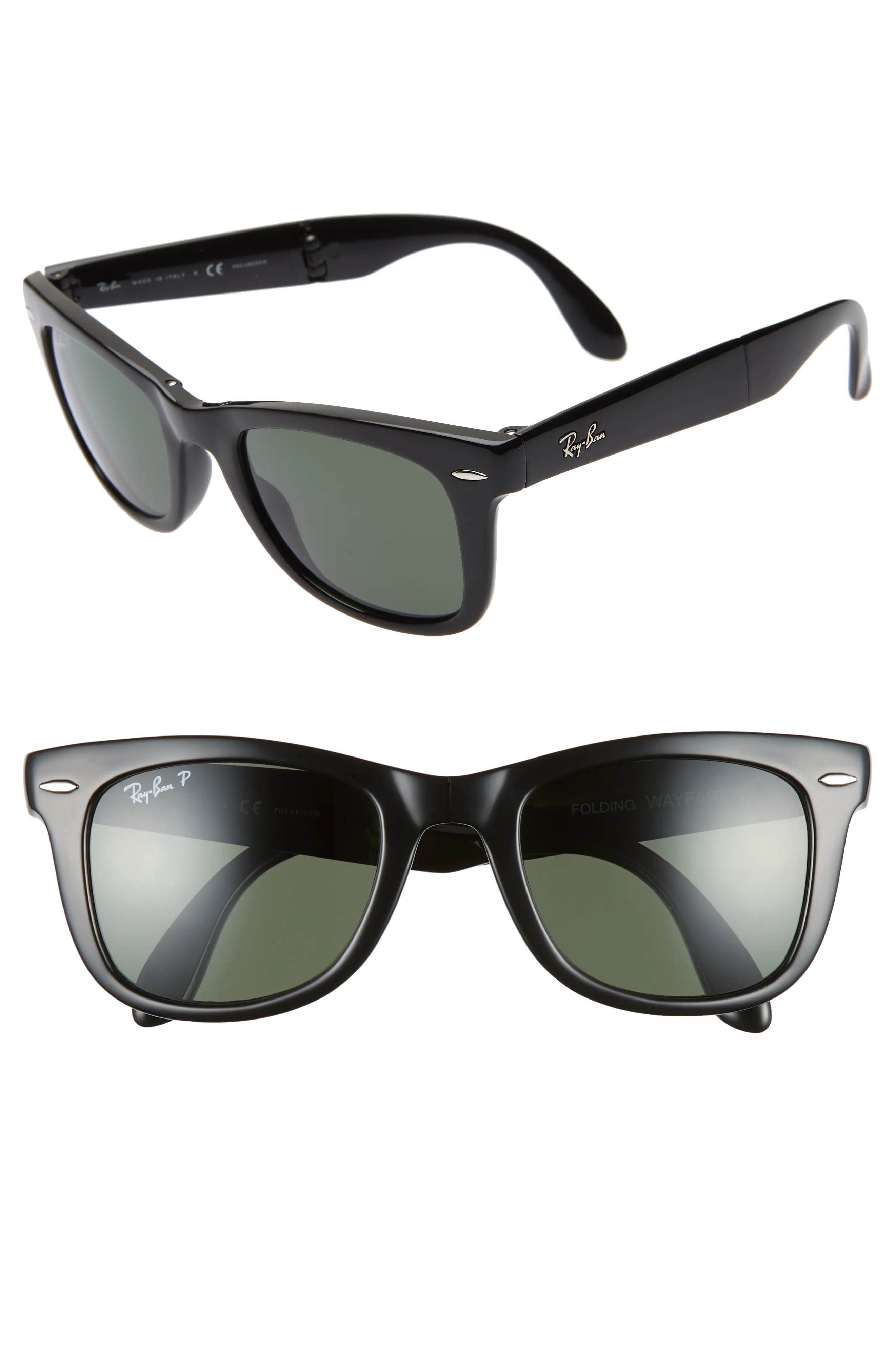 Ray-Ban 50mm Wayfarer Polarized Folding Sunglasses in Black/Green Solid at Nordstrom | Nordstrom