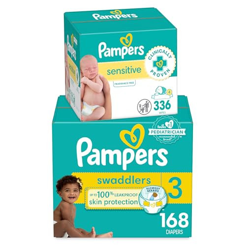 Diapers Size 3, 168 Count and Baby Wipes - Pampers Swaddlers Disposable Baby Diapers and Water Baby Wipes Sensitive Pop-Top Packs, 336 Count (Packaging May Vary) | Amazon (US)