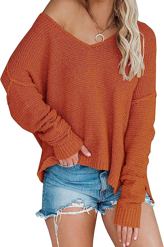 Women’s Off Shoulder Knit Sweaters Oversized V Neck Long Sleeve Loose Lightweight Pullover Tops | Amazon (US)